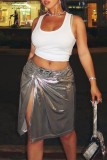 Dark Gray Casual Solid Patchwork Skinny Mid Waist Conventional Solid Color Skirt