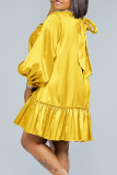Yellow Elegant Solid Bandage Patchwork Beading Mandarin Collar Ball Gown Dresses