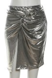 Dark Gray Casual Solid Patchwork Skinny Mid Waist Conventional Solid Color Skirt