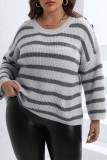Grey Casual Striped Patchwork O Neck Plus Size Tops