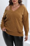 Grey Casual Solid Hollowed Out V Neck Plus Size Tops
