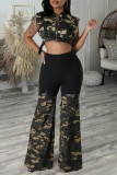 Camouflage Casual Street Camouflage Print Patchwork Contrast Boot Cut Mid Waist Speaker Patchwork Bottoms