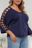 Rose Red Casual Solid Hollowed Out V Neck Plus Size Tops