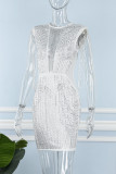Red Sexy Patchwork Hot Drilling Tassel See-through O Neck Sleeveless Dress (Subject To The Actual Object)