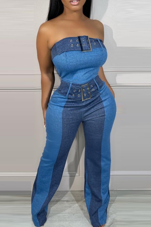 Blue Casual Patchwork Backless Contrast Strapless Skinny Jumpsuits