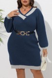 Blue Casual Patchwork Contrast V Neck Long Sleeve Plus Size Dresses (Without Belt)