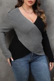 Brown Casual Patchwork Contrast V Neck Plus Size Tops