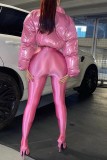 Pink Solid Cardigan Zipper Collar Outerwear