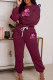 Burgundy Casual Letter Print Basic O Neck Long Sleeve Two Pieces