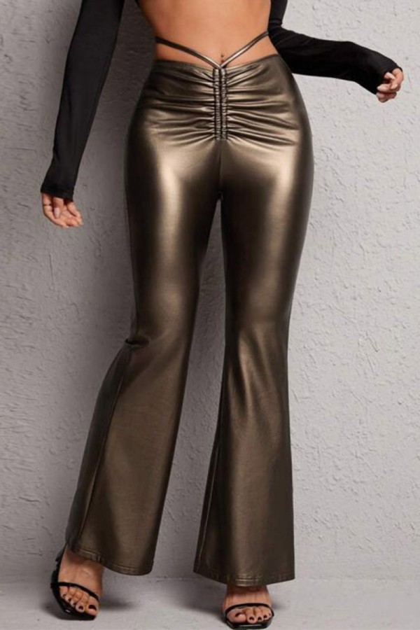 Brownness Casual Solid Patchwork Skinny High Waist Speaker Solid Color Trousers