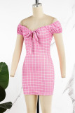 Pink Casual Plaid Print Patchwork Frenulum V Neck Short Sleeve Dress