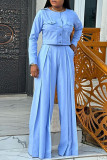 Blue Casual Solid Patchwork Pocket Buckle Buttons O Neck Long Sleeve Two Pieces