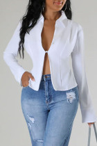 White Sexy Solid Bandage Patchwork Buttons Backless Turndown Collar Tops