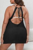 Black Sexy Casual Solid Bandage Backless O Neck Beach Dress