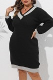 Black Casual Patchwork Contrast V Neck Long Sleeve Plus Size Dresses (Without Belt)