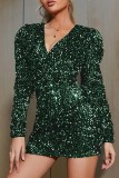 Gold Sexy Casual Patchwork Sequins V Neck Long Sleeve Dresses
