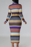 Stripe Sexy Sweet Striped Patchwork Turtleneck Long Sleeve Two Pieces