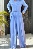 Blue Casual Solid Patchwork Pocket Buckle Buttons O Neck Long Sleeve Two Pieces