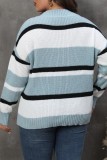 Baby Blue Casual Striped Patchwork V Neck Plus Size Tops