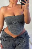 Grey Sexy Street Solid Patchwork Strapless Tops
