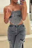 Grey Sexy Street Solid Patchwork Strapless Tops