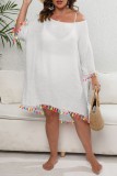 Apricot Casual Solid Tassel Patchwork O Neck Beach Dress Plus Size Dresses