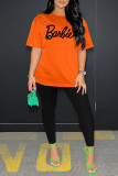 Orange Casual Letter Print Basic O Neck Long Sleeve Two Pieces