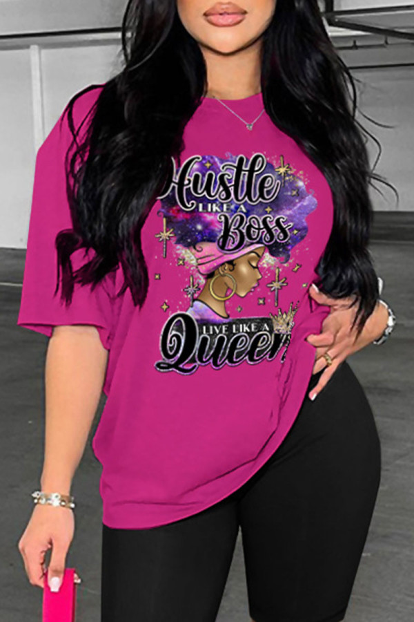 Rose Red Casual Print Basic O Neck T-Shirts