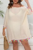White Casual Solid Tassel Patchwork O Neck Beach Dress Plus Size Dresses