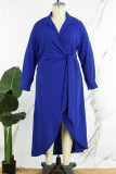 Blue Casual Solid Patchwork Frenulum V Neck Long Sleeve Plus Size Dresses