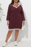 Burgundy Casual Patchwork Contrast V Neck Long Sleeve Plus Size Dresses (Without Belt)