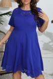 Purplish Red Casual Solid Hollowed Out O Neck Short Sleeve Dress Plus Size Dresses