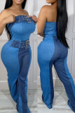 Blue Casual Patchwork Backless Contrast Strapless Skinny Jumpsuits