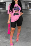 Pink Casual Print Basic O Neck T-Shirts