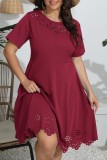 Yellow Casual Solid Hollowed Out O Neck Short Sleeve Dress Plus Size Dresses