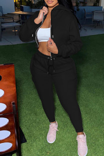 Black Casual Solid Basic Hooded Collar Long Sleeve Two Pieces