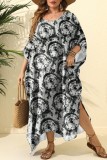 Black Gray Casual Print Slit Long Dress Plus Size Dresses