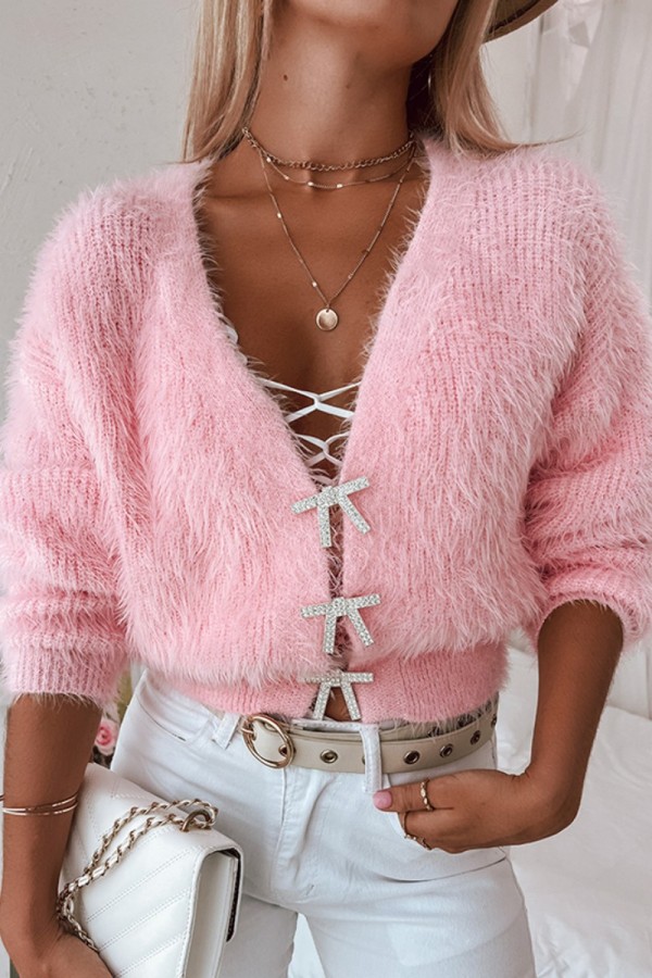 Pink Casual Daily Solid Cardigan With Bow Rhinestone V Neck Outerwear