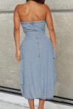Baby Blue Street Solid Patchwork Pocket Zipper Strapless Sleeveless High Waist Straight Denim Dresses