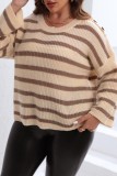 Apricot Casual Striped Patchwork O Neck Plus Size Tops