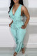 Green Solid Patchwork Draw String Pocket Zipper V Neck Regular Jumpsuits