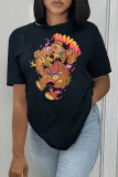 Black Casual Cute Print Patchwork O Neck T-Shirts