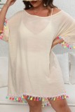 Apricot Casual Solid Tassel Patchwork O Neck Beach Dress Plus Size Dresses