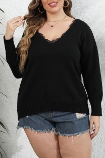 Black Casual Solid Basic V Neck Plus Size Tops