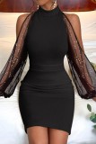 Blue Casual Solid Patchwork Half A Turtleneck Long Sleeve Dresses