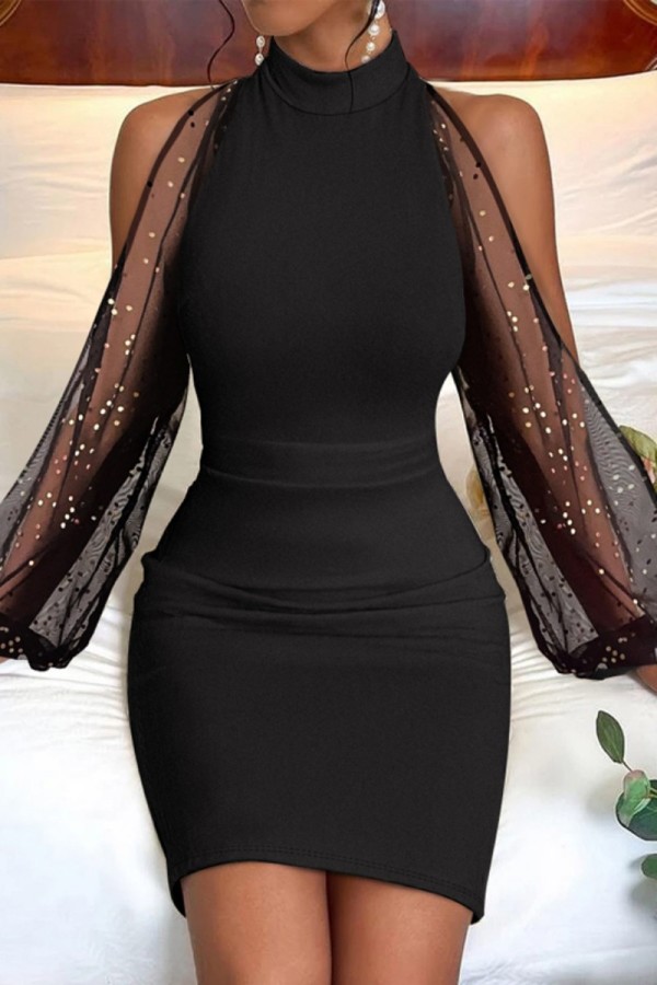 Black Casual Solid Patchwork Half A Turtleneck Long Sleeve Dresses