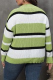Lake Green Casual Striped Patchwork V Neck Plus Size Tops