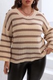 Apricot Casual Striped Patchwork O Neck Plus Size Tops