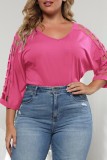 Ink Green Casual Solid Hollowed Out V Neck Plus Size Tops