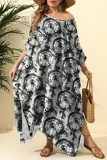 Black Gray Casual Print Slit Long Dress Plus Size Dresses